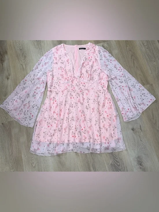 Double Crazy Pink Floral Bell Sleeve Mini Dress - Picture 5 of 8